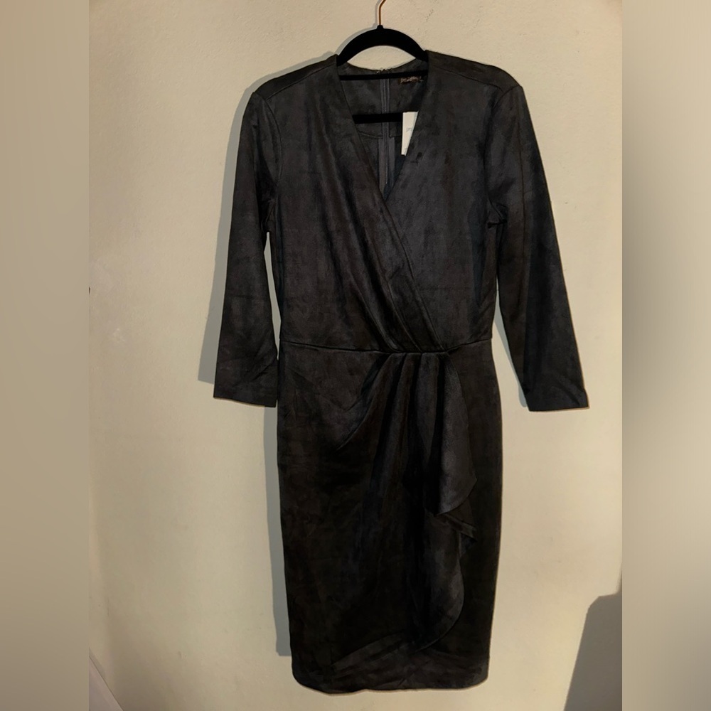 J. McLaughlin women’s dark grey faux suede faux wrap dress S office formal